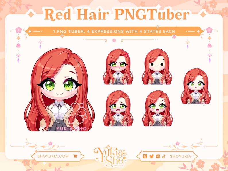 Red Hair Green Eyes Chibi PNGTuber Model for Twitch/YouTube Vtuber Model PNGTuber Twitch Vtuber Assets PNGTuber Premade image 1