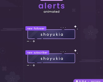 May include: A purple animated overlay design for streaming, featuring the text "alerts" and "shoyukia". The design includes elements for new followers and subscribers, with social media icons and website information.