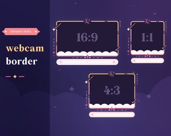 May include: Three webcam borders with a starry night sky background. The borders are gold with pink accents and have different aspect ratios: 16:9, 1:1, and 4:3. Each border has a text box at the bottom.