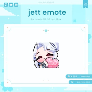 May include: A digital illustration of a cartoon character with white hair, wearing a blue and white outfit, holding a pink heart with a cherry blossom design. The character has a pink blush on their cheeks and is smiling. The text "YUKIA SHO" is visible on the heart. The text "jett emote" is at the top of the image.