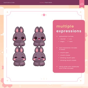 May include: Four animated expressions of a purple bunny with different mouth positions. The bunny has large eyes and a pink nose. The text "multiple expressions" is in a pink box with a white outline. The text "expressions include: neutral, cry, angry, wow" is in a white box with a pink outline. The text "each expression includes 4 states: mouth open, mouth closed, blinking mouth open, blinking mouth closed" is in a white box with a pink outline. The text "setup guide with veadotube mini & obs included" is in a white box with a pink outline.