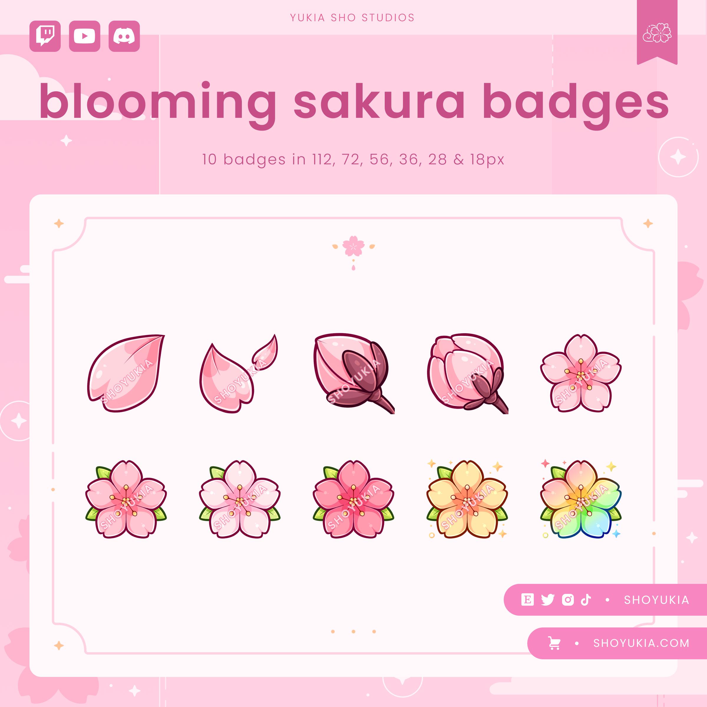Insignias de suscripción de Twitch de Blooming Sakura (rosa) / Insignias de transmisión lindas, insignias de bits, ícono de puntos de canal, emoticones para streamers, Discord y YouTube