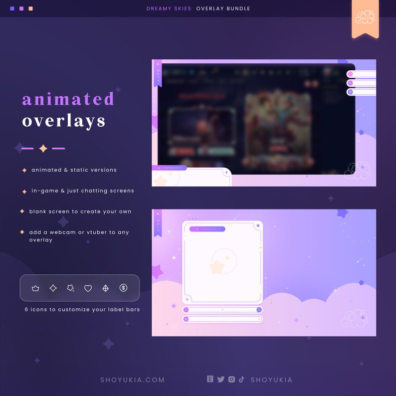 May include: A set of animated and static Twitch overlays with a dreamy sky theme. The overlays feature a purple and pink color scheme with white clouds and stars. The overlays include a blank screen, a chat screen, and an in-game screen. The overlays also include six icons to customize the label bars.