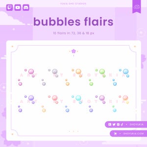 May include: A set of 10 animated bubble flairs in various pastel colours, including pink, purple, blue, green, and yellow. The flairs are in different sizes, 72, 36, and 18 pixels. The text "bubbles flairs" is at the top of the image.