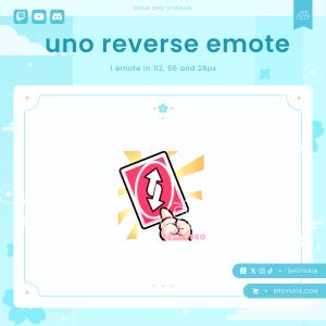 Könnte beinhalten: Eine digitale Illustration einer Hand, die eine rote Uno-Karte mit einem Umkehrsymbol hält. Die Karte ist von einem gelben Sternenausbruch umgeben. Der Text "uno reverse emote" ist in großer Schrift über der Karte geschrieben. Der Text "1 emote in 112, 56 and 28px" ist unter der Karte geschrieben.