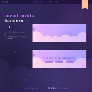 May include: Two social media banner templates with a dreamy sky theme. The top banner is a blank template with a purple and pink gradient background, white clouds, and stars. The bottom banner has a similar design with the text "YOUR USERNAME" and social media icons.