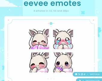 Op de afbeelding: Vier geanimeerde emotes met een lichtbruine Eevee met verschillende uitdrukkingen. De emotes zijn in een rasterformaat gerangschikt, met elke emote in een vierkant. De emotes zijn in verschillende formaten, waaronder 112, 56 en 28 pixels. De emotes zijn ontworpen voor gebruik op Twitch en andere streamingplatforms.
