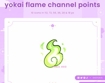 May include: Green and yellow flame icon with a white outline. The icon is on a white background with a pink border. The text "yokai flame channel points" is at the top of the image. The text "10 icons in 112, 72, 56, 36, 28 & 18 px" is below the icon. The text "TUKIA SHO" is below the icon. The text "SHOYUKIA" is at the bottom of the image. The text "SHOYUKIA.COM" is below the text "SHOYUKIA".