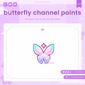 May include: A pink and blue butterfly with a white heart and a star on its wings. The butterfly is surrounded by a white frame with a gold border. The text "butterfly channel points" is at the top of the image. The text "10 icons in 112, 72, 56, 36, 28 & 18 px" is below the butterfly.