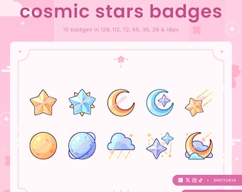 May include: A digital set of ten cosmic stars badges featuring celestial icons including stars, moons, a planet, and a cloud. The graphic displays the text cosmic stars badges and 10 badges in 128, 112, 72, 56, 36, 28 & 18px on a light pink background.