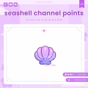 Puede incluir: Icono de punto de canal de concha de mar de color púrpura con un contorno blanco. El icono está sobre un fondo blanco con un borde rosa. El texto "YUKIA SHO" está debajo del icono.