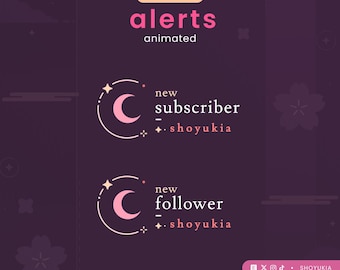 May include: Animated alerts for new subscribers and followers with a pink crescent moon and stars on a dark purple background. The text reads "new subscriber - shoyukia" and "new follower - shoyukia".