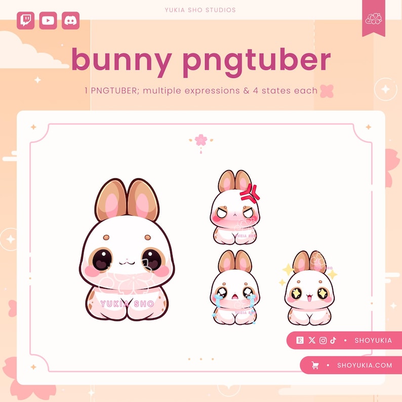 May include: A pink and white bunny character with different expressions. The bunny is sitting down with its ears up. The bunny has different expressions, including angry, sad, and happy. The text "bunny pngtuber" is at the top of the image.