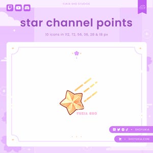 Könnte beinhalten: Ein goldener Stern mit einer gelben Spur, der über einen weißen Hintergrund schießt. Der Text "YUKIA SHO" befindet sich unter dem Stern. Der Text "star channel points" befindet sich oben im Bild. Der Text "10 icons in 112, 72, 56, 36, 28 & 18 px" befindet sich unter dem Titel.