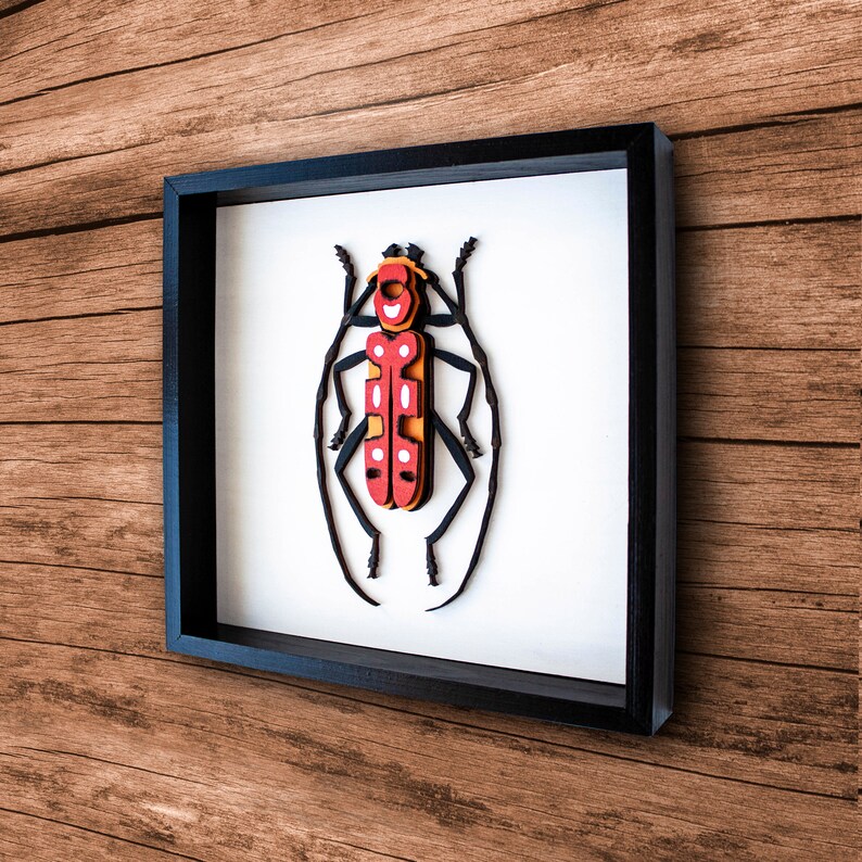 Wooden beetle sculpture, Dark academia decor curiosities, Collectible bugs wall hangings, Longhorn beetle framed wall art, Above bed art image 9