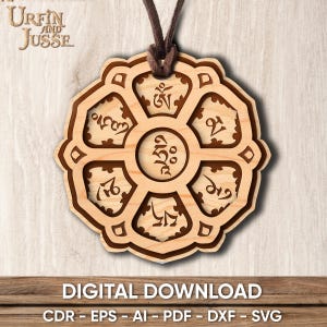Collana con design Om mani padme hum per progetto di taglio, file digitali scaricabili, DXF, SVG, PDF, gioielli mandala spirituali Aum fai da te