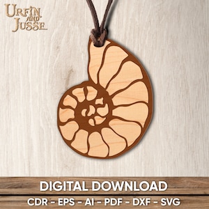 May include: A wooden cutout of a nautilus shell with a brown and beige colour scheme. The shell is hanging from a brown leather cord. The text "DIGITAL DOWNLOAD" and "CDR - EPS - AI - PDF - DXF - SVG" is printed below the shell.
