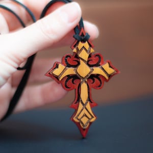 Victorian jewelry, Goth pendant, Mens cross necklace with adjustable suede leather cord, Wooden layered cross charm, Vintage jewelry cross