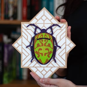 Unique Beetle Artwork for Gallery Wall, Collectable Insect Wall Hanging, Handcrafted 3D Multilayer Green Bug, Gift Idea for Entomology Lover