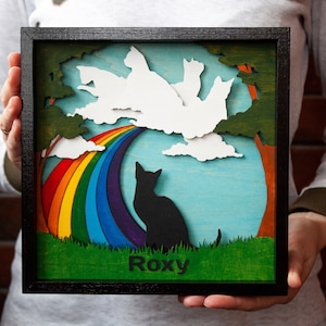 Boîte d’ombre commémorative pour le propriétaire de chat, Beau cadeau de sympathie pour chat, En mémoire aimante de la tenture murale du chat, Cadeau d’art de pont arc-en-ciel pour la perte de chat