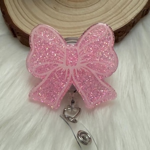 Pink Bow Badge Reel--Coquette Badge Reel-Girly Badge Reel-Pearl Badge Holder-Badge Reel Cute-Glitter Badge Reel-Flashy Badge