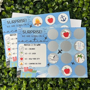 Symbole de voyage à gratter et allumette - Révélation des vacances - Message secret - Révélation vacances - Billet de voyage surprise - Voyage en famille 2024 - Casse-tête Révélation du voyage