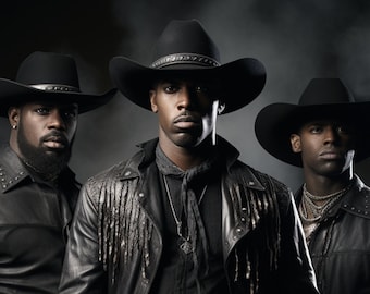 Puede incluir: Tres individuos con sombreros de vaquero negros y chaquetas de cuero se encuentran frente a un fondo oscuro. Las chaquetas tienen flecos y detalles de tachuelas. Cada persona lleva una camisa negra y un collar plateado. La imagen tiene una estética dramática y estilizada.