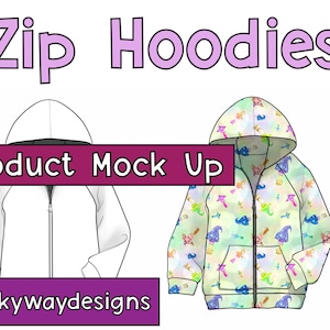 May include: Product mock-up of zip hoodies. One hoodie is white, the other is patterned with colorful cartoon characters. Text includes "Zip Hoodies", "Product Mock Up", and "milkywaydesigns".