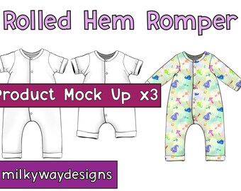 3x Product Mock Up Template Rolled Hem Rompers PNG Canva Etc