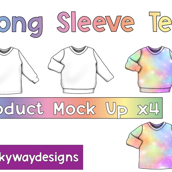 Product Mock Up Templates, Long Sleeve Tee Tops, Sleeve Options x4 PNG Canva Etc