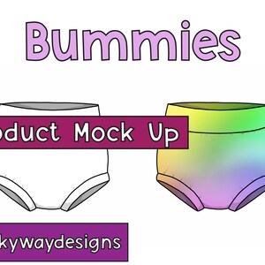 Op de afbeelding: Product mock-up van twee babyonderbroeken. E&eacute;n is wit, de andere een regenboogverloop. Het woord "Bummies" staat bovenaan en "Product Mock Up" staat in een banner in het midden.