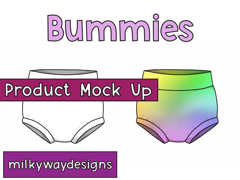 Op de afbeelding: Product mock-up van twee babyonderbroeken. E&eacute;n is wit, de andere een regenboogverloop. Het woord "Bummies" staat bovenaan en "Product Mock Up" staat in een banner in het midden.