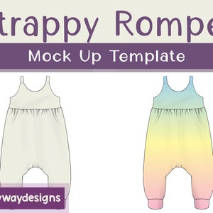 May include: Mockup template for a strappy romper with two different color options. One romper is a solid light beige color, and the other is a gradient ombre design with blue, yellow, and pink colors.