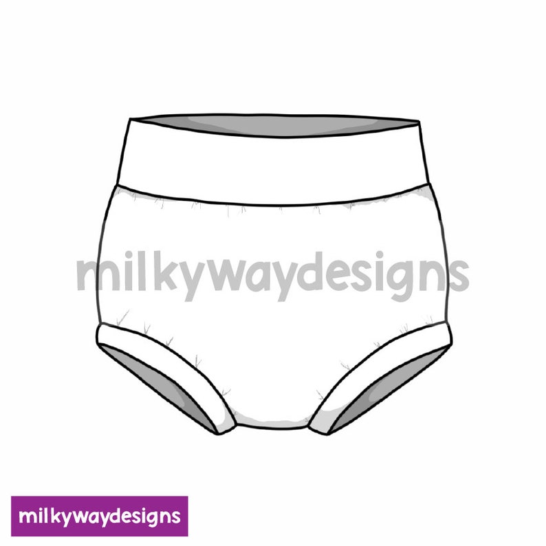 Op de afbeelding: Witte stoffen luier met een hoge taille. De luier heeft een grijze rand en de tekst "milkywaydesigns" in grijs. Een paarse rechthoek linksonder toont ook "milkywaydesigns".