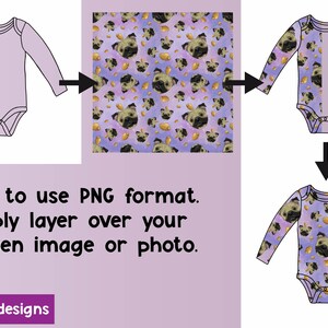 Op de afbeelding: Een babybody-ontwerp met een mopshondenpatroon op een lavendelkleurige achtergrond. Het ontwerp laat zien hoe je het patroon op de body kunt leggen. Tekst luidt: "Eenvoudig te gebruiken PNG-formaat. Gewoon over uw gekozen afbeelding of foto leggen."