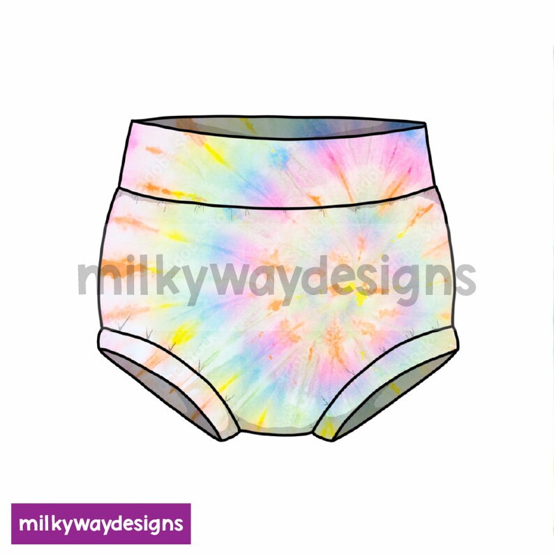Op de afbeelding: Een hoog getailleerde onderbroek met een tie-dye patroon in pastelkleuren. Het kledingstuk toont een mix van roze, geel, blauw en oranje. De tekst "milkywaydesigns" is zichtbaar op het kledingstuk.