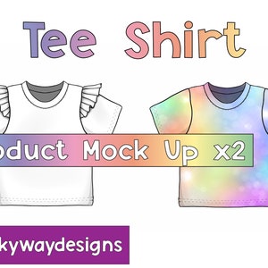 May include: Two tee shirt mockups. One white tee shirt with ruffled sleeves and one tie-dye tee shirt with a rainbow pattern. The text "Product Mock Up x2" is below the shirts.