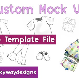 Peut inclure: Illustration numérique de vêtements pour bébés, comprenant un body, un t-shirt, une couche, un pantalon, des chaussures et un ensemble haut et bas. Le texte "Custom Mock Up" et "PNG Template File" est affiché, ainsi que le logo "milkywaydesigns".