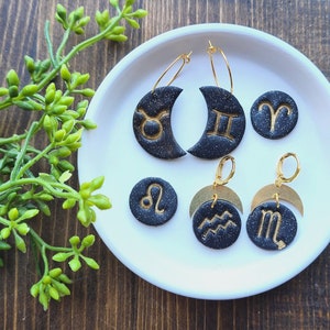 Zodiac Earrings - Polymer Clay - Stud, Dangle, Crescent Moon - Black and Gold - Astrology, Zodiac Signs, Celestial