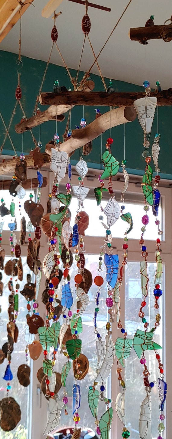 MARE Sea Glass Wind Chime, Mobile, Chime, Driftwood, Suncatcher, Beads 