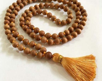 Sandalwood Mala Necklace 8 mm 108 knotted Sandalwood Japa Mala, Wood Bead Necklace, Sandalwood Rosary Hindu Buddhist Prayer Beads Tibetan