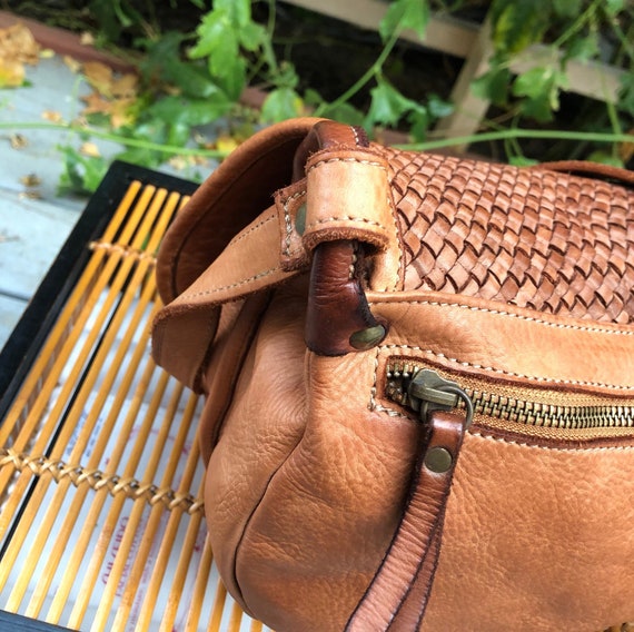 New, Italian Distressed hand woven leather saddle bag Gem
