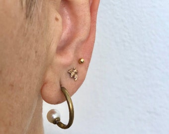 Semi hoop pearl earrings, vintage pearl brass hoops