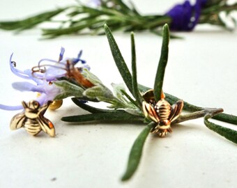 Bee earrings, brass bee earrings, small bee.