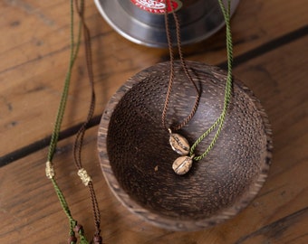 Bronze coffee bean pendant, coffee pendant and silk cord