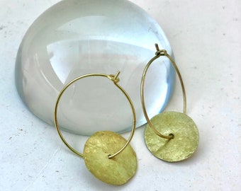 Brass disc earrings, texture earrings, circle earrings with disc, creoles