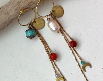 Moon pendant earrings, brass chain earrings