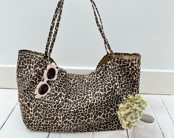 Grand sac fourre-tout léopard en toile de coton et toile d'été à imprimé animalier