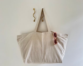 Big Large Linen Shopping Groceries Tote Bag Side Pocket Thick Cotton for Travel