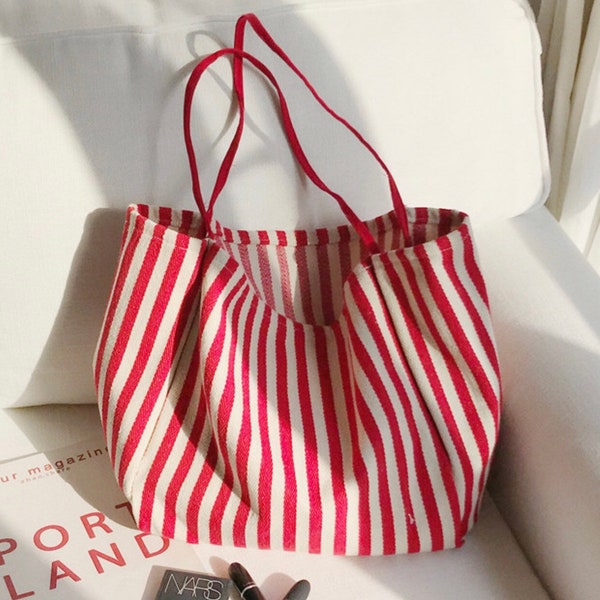 Striped Summer Canvas Jute Tote Bag